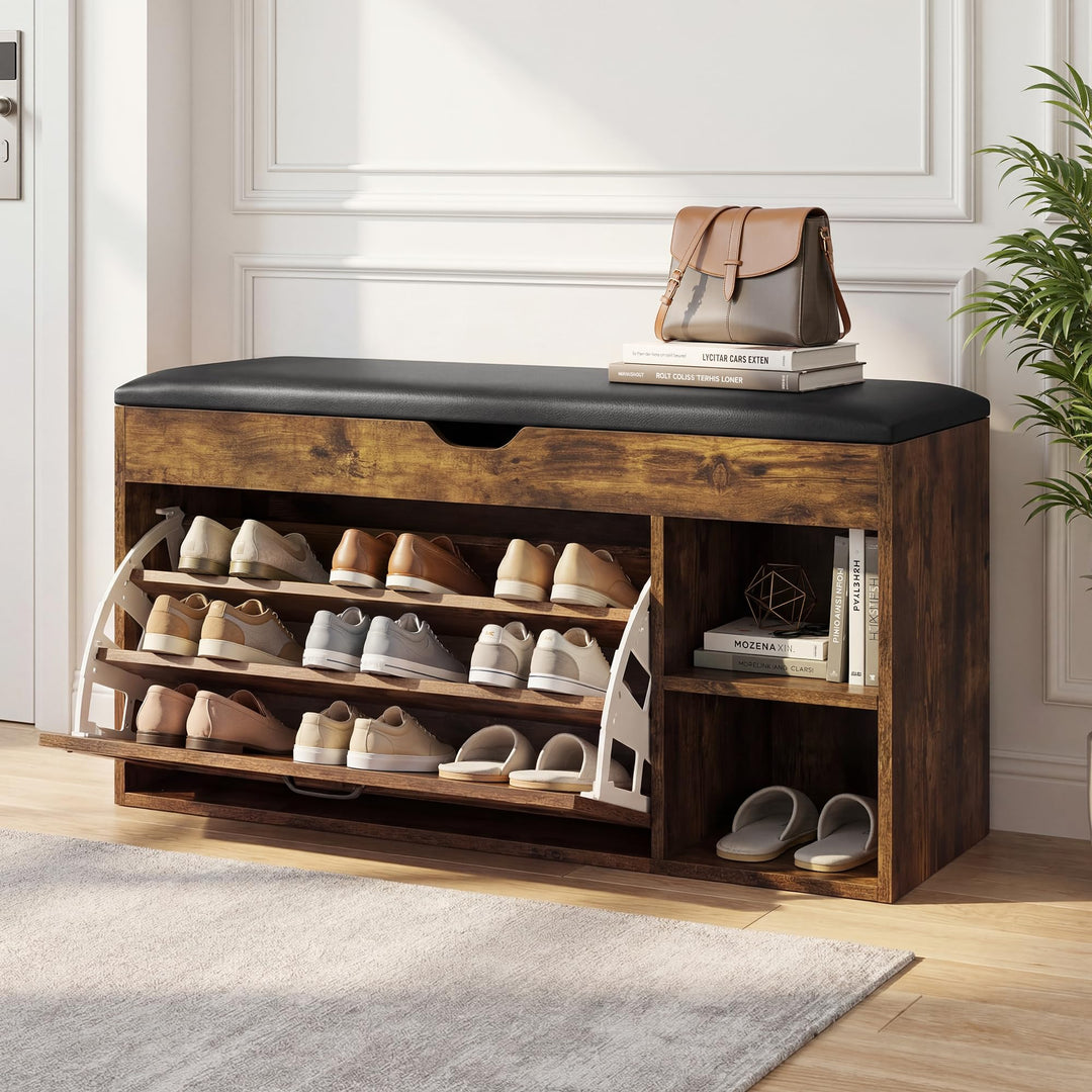 BonVache Schuhbank mit Sitzfläche, Sitzbank mit Stauraum, Schuhbank mit 3 Fächern, Fach unter Sitzki