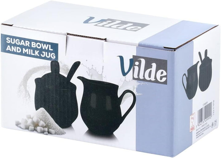 Vilde Milchkännchen und Zuckerdose Set aus Porzellan 2-teilig mit Deckel Löffel Schwarz - Modern Kaf