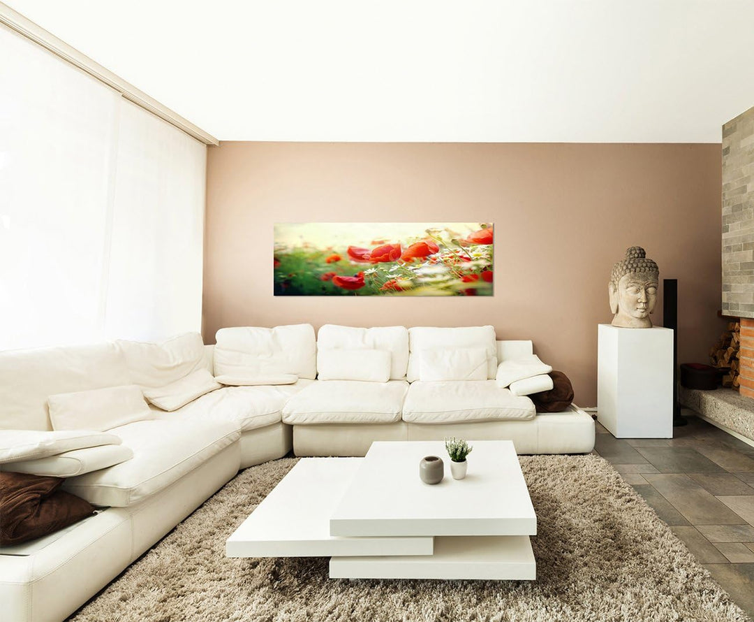 Paul Sinus Art Panoramabild auf Leinwand und Keilrahmen 150x50cm Mohnblumen Frühling Sonnenstrahlen