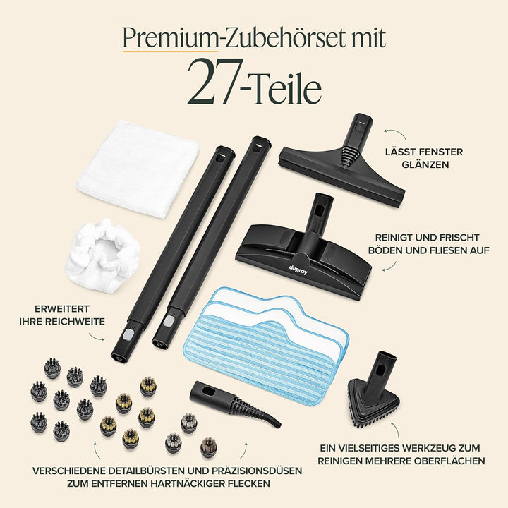 Dupray Neat Trockendampfreiniger (Neat + 27 Zubehörteile (inkl. 16 Bürstenmix)), Neat + 27 Zubeh