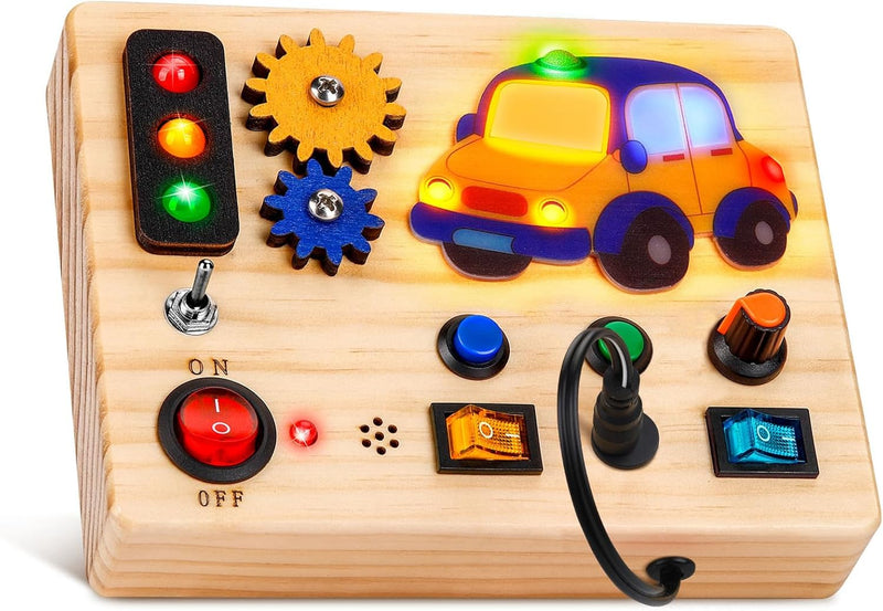 Auney Montessori Busy Board Activity Board ab 1 Jahr Auto-Lichtschalter Spielzeug, LED Holzspielzeug