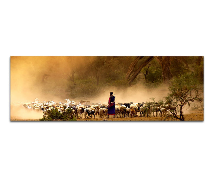 Paul Sinus Art Panoramabild auf Leinwand und Keilrahmen 150x50cm Afrika Hirte Schafherde Bäume Nebel