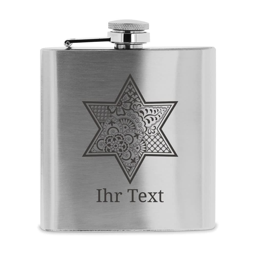 personalisierbarer Flachmann aus Edelstahl mit Name – Stern Zentangle – Taschenflasche mit Wunschgra