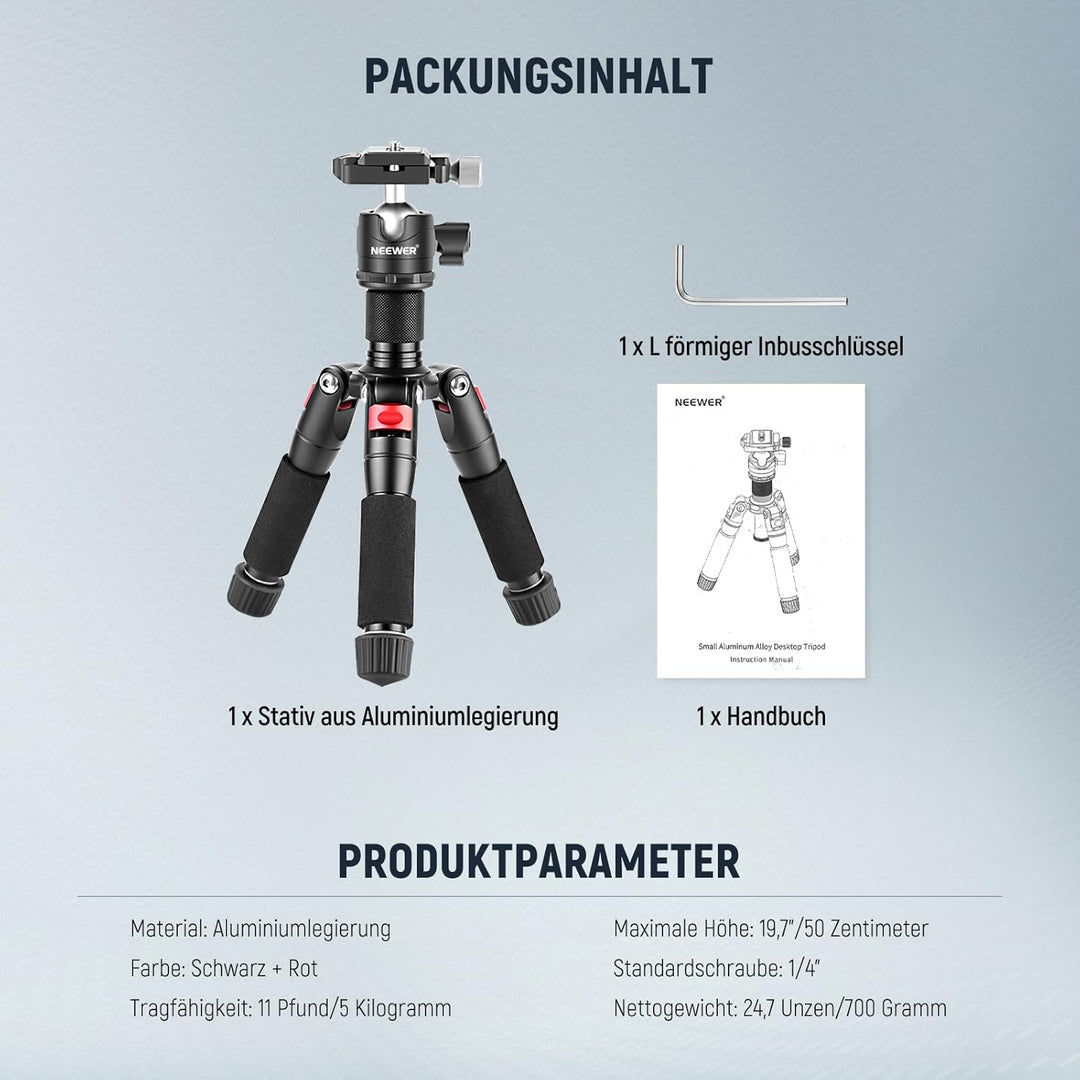 NEEWER Mini Tischstativ, 20'' Aluminiumlegierung Stativ, tragbarer Reiseständer, 360°Kugelkopf, 1/4"