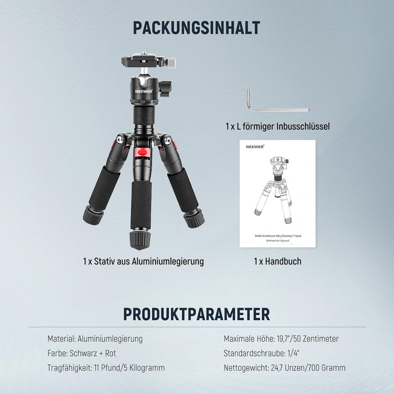 NEEWER Mini Stativ für Kamera mit 360°Kugelkopf Aluminiumlegierung 20"/ 50cm 1/4" Arca Type QR Plate