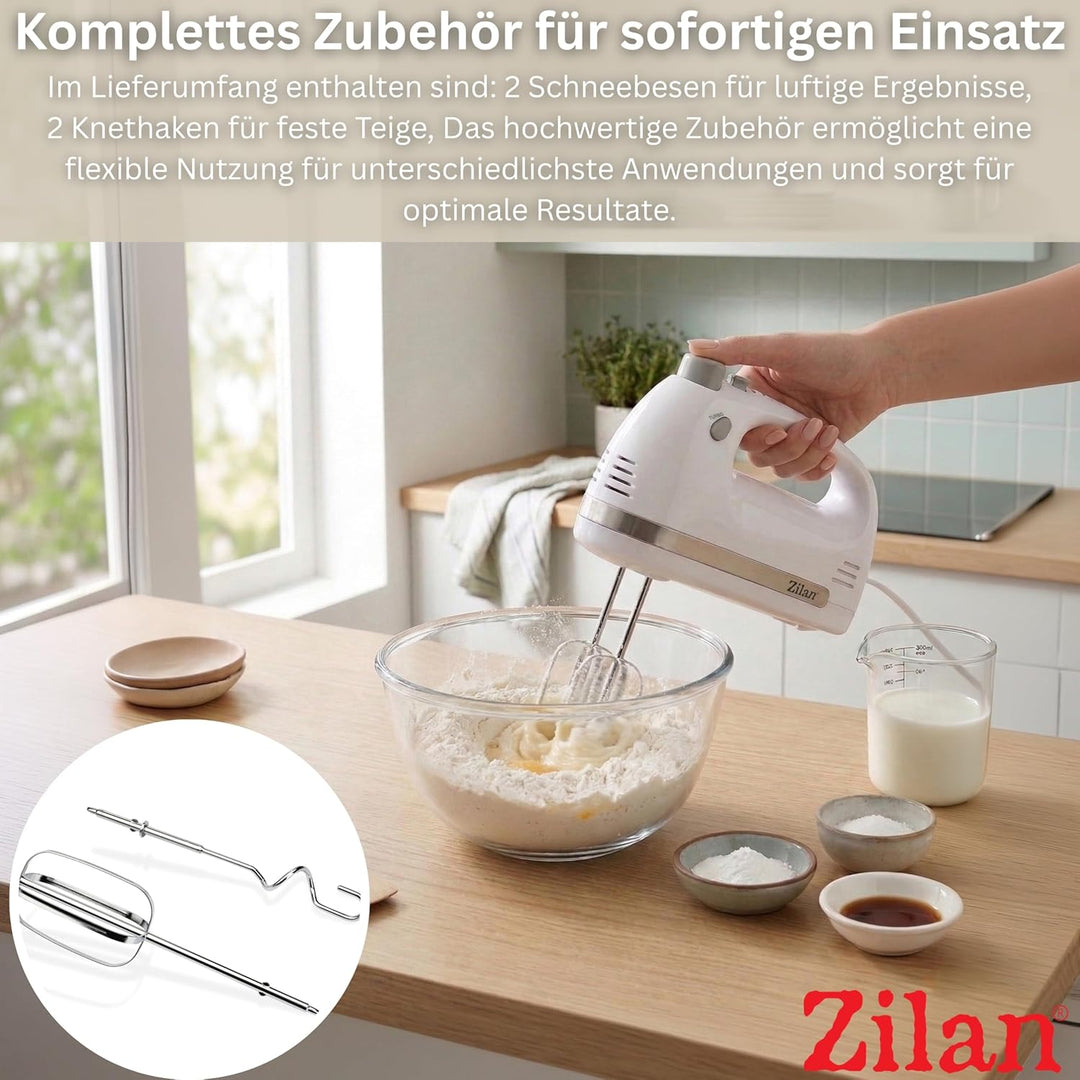 Zilan Handmixer 500W mit Ständer – Elektrischer Handrührer mit 5 Geschwindigkeiten + Turbo, Leise Kü