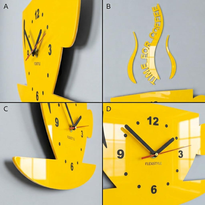 FLEXISTYLE Tasse Time for Coffee (Zeit für Kaffee) Moderne Küche Wanduhr, Zitronengelb, 3D römisch,