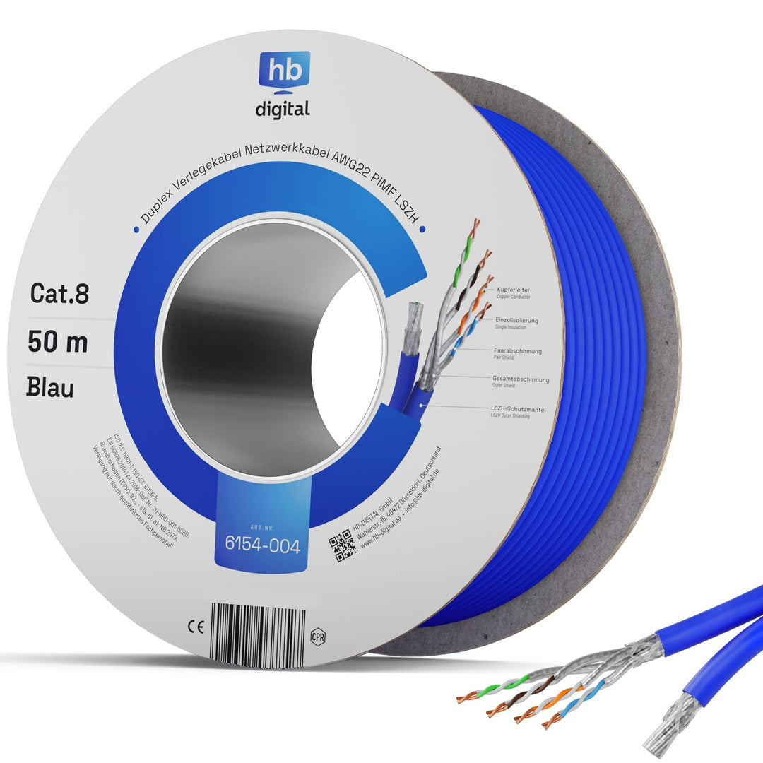 HB-DIGITAL 50m CAT 8 Netzwerkkabel LAN Kabel Verlegekabel Ethernet Installationskabel 40 Gbit/s AWG
