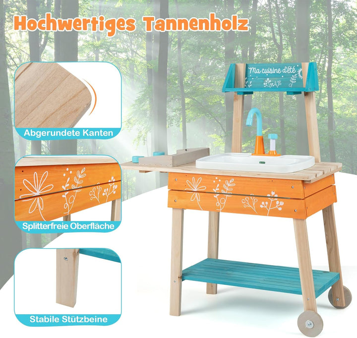 COSTWAY Matschküche Kinder Outdoor, Kinderküche Holz inkl. Spülbecken mit Wasserpumpfunktion, Garten