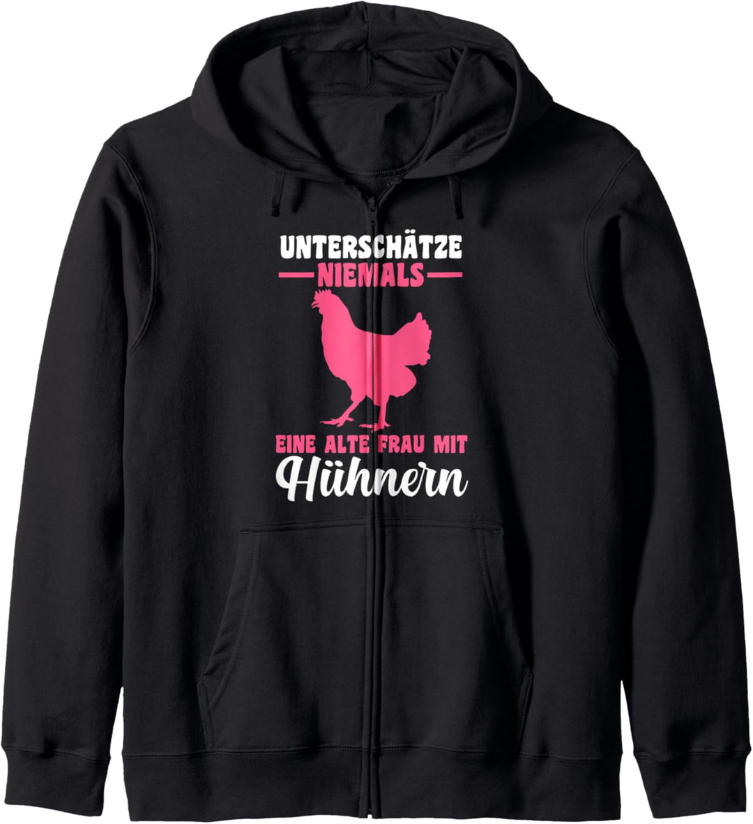 Alte Frau mit Hühner Oma Grossmutter Huhn Kapuzenjacke