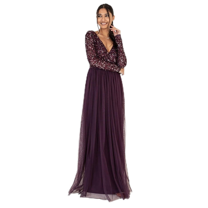 Maya Deluxe Damen Ladies Maxi Dress Women with Long Sleeves V Neckline Plunging Sequin Embellished f