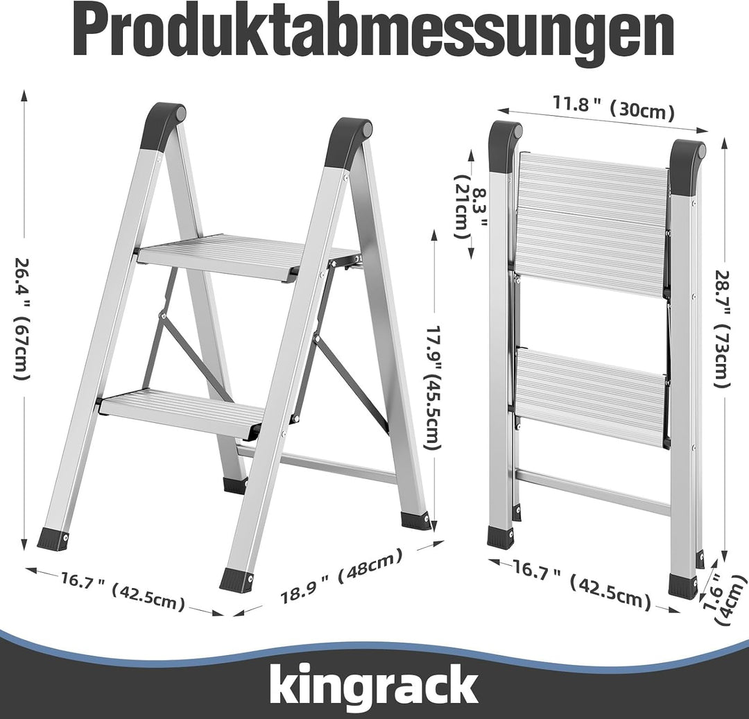 KINGRACK Trittleiter 2 Stufen Klappbar, Tritthocker aus Aluminium &amp; Stahl | Klapptritt mit Breite ru