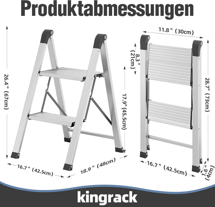 KINGRACK Trittleiter 2 Stufen Klappbar, Tritthocker aus Aluminium &amp; Stahl | Klapptritt mit Breite ru