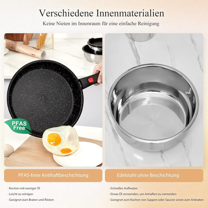 Töpfe und Pfannenset mit Abnehmbarer Griff, 7-Teilig Topfsets Induktion | Edelstahl PFAS-freie Antih