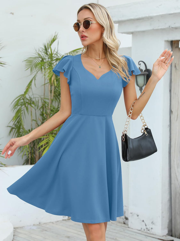 Missufe Damen Cocktailkleid Elegant Vintage Minikleid Kurz A-Linie Herzausschnitt Kleider Hellblau S