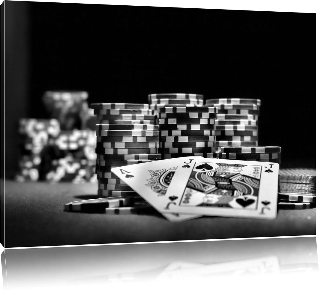 Pixxprint Monocrome, Pokertisch mit Karten in Las Vegas, Format: 100x70 auf Leinwand, 100x70