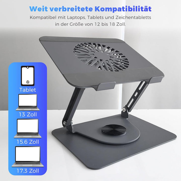 Laptop Ständer aus Aluminium, 360° Drehbar, Faltbar, mit Magnetischem Lüfter für Kühlung, Kompatibel