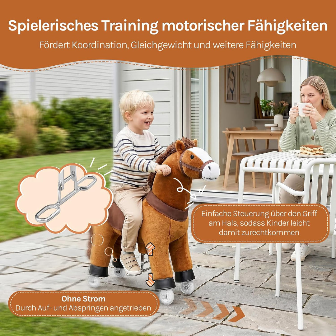 WOLTU Stehpferd auf Rollen, Reitpferd mit Klangfunktion für Kinder ab 4 Jahren, Plüschpferd zum Sitz