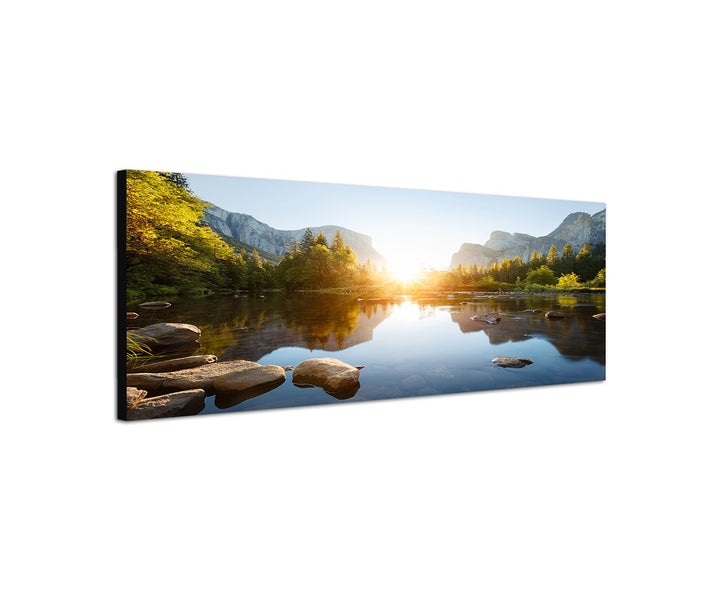 Wandbild auf Leinwand als Panorama in 120x40cm Yosemite Berge Wald Fluss Sonnenaufgang