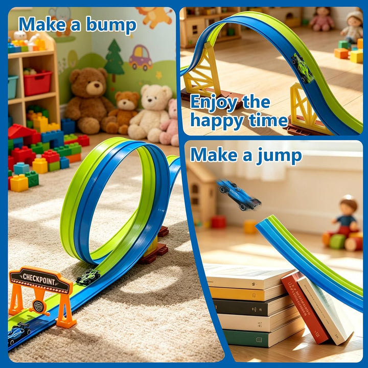 Flexible Autorennbahn Kinder 5 Meter Rennbahn Rennstrecke Auto Spielzeug mit 4 Spielzeugautos 2 Ramp