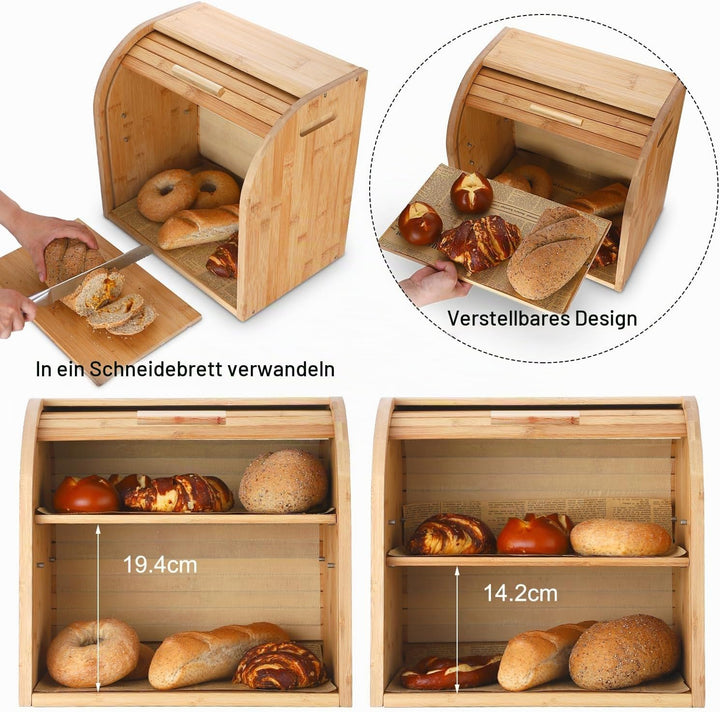 G.a HOMEFAVOR Bambus Brotkasten / Brotkorb mit Rolldeckel &amp; 2-Fächer - Herausnehmbare Abtrennung, Ei