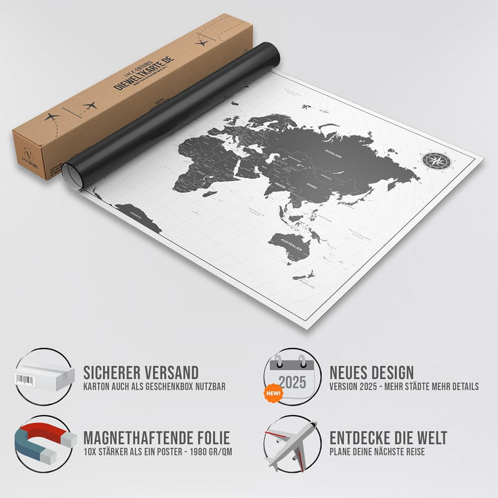 Vacentures Magnetische Pinnwand Weltkarte White inkl. 2 x 15 magnetische Pins I Markiere Deine Reise