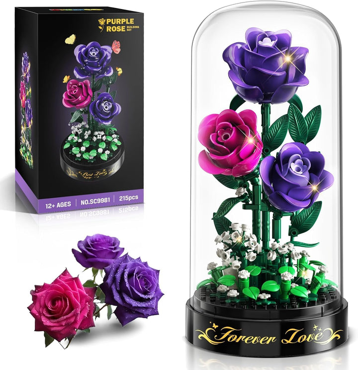 Blumen Rosen Bauset mit LED Licht & Abdeckung – 215 Teile Rosenstrauss Valentinstagsgeschenk, 3,6 mm