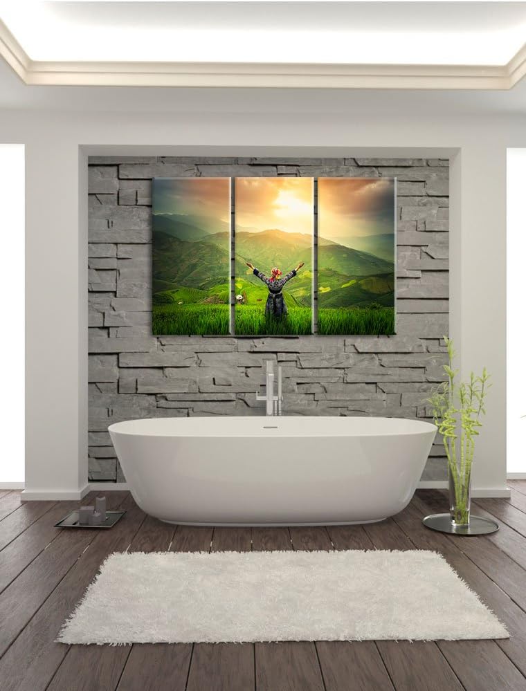 Pixxprint asiatische Berg Farm als Leinwandbild/Grösse: 3 Teilig (120x80) / Wandbild/Kunstdruck/fert