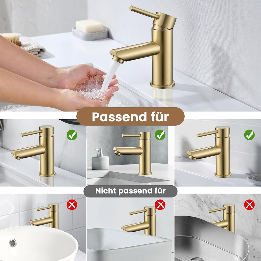 KPW Waschtischarmatur Edelstahl Gebürstet Gold – Bad Wasserhahn mit 79mm Auslaufhöhe, Einhand-Mischb