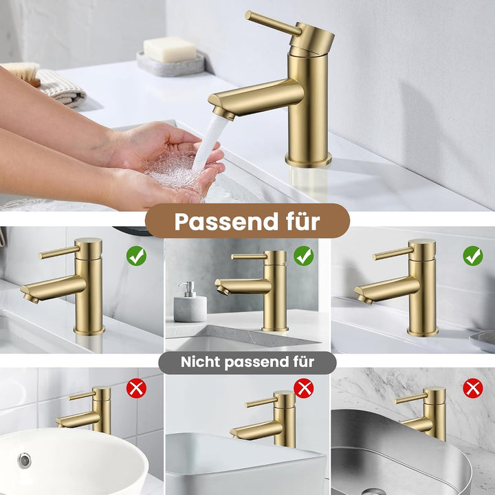 KPW Waschtischarmatur Edelstahl Gebürstet Gold – Bad Wasserhahn mit 79mm Auslaufhöhe, Einhand-Mischb