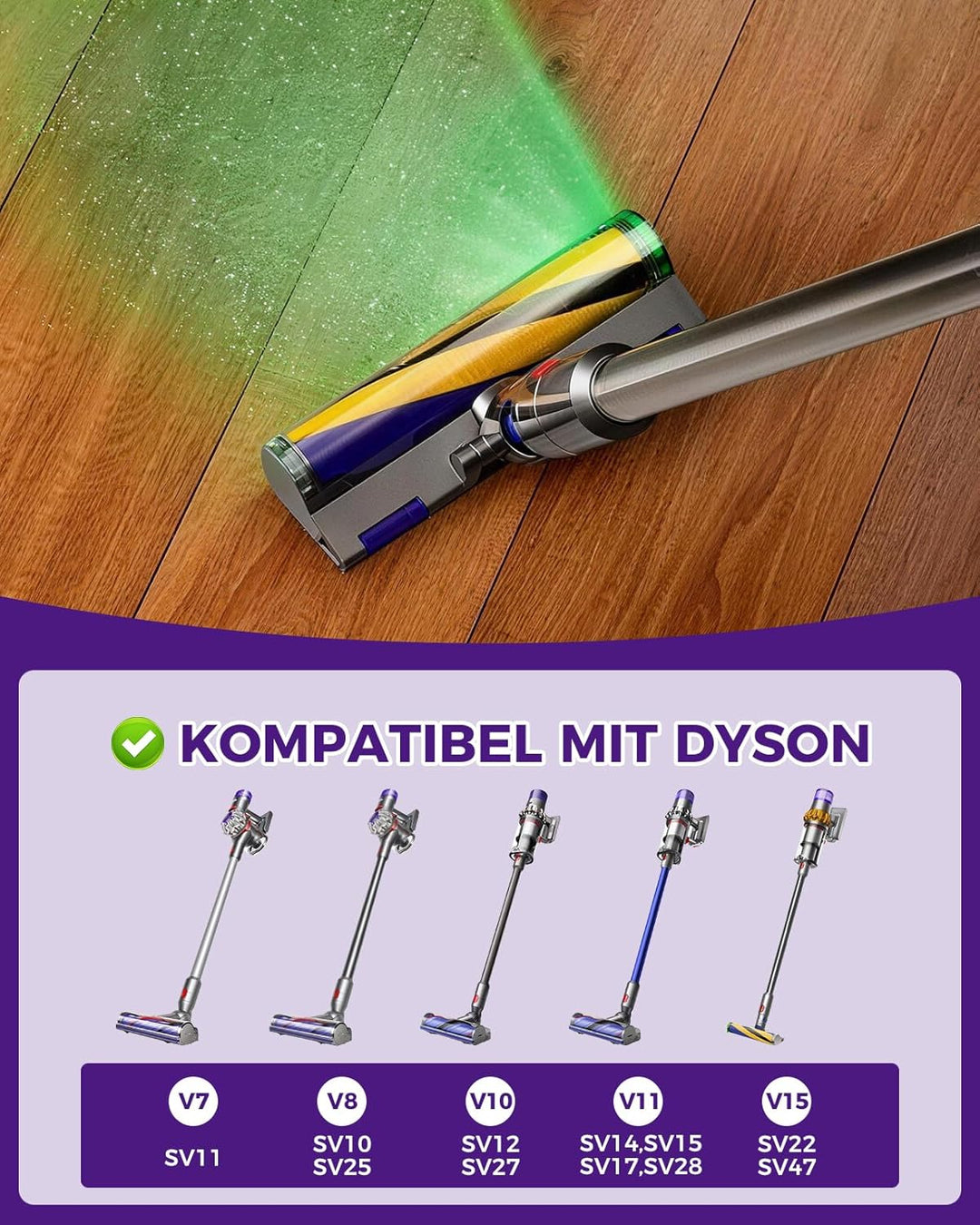 V15 Bodenbürste Ersatz für Dyson V7 V8 V10 V11 V15,LED-Beleuchtete Bürste mit grünem Licht,Anti-Tang