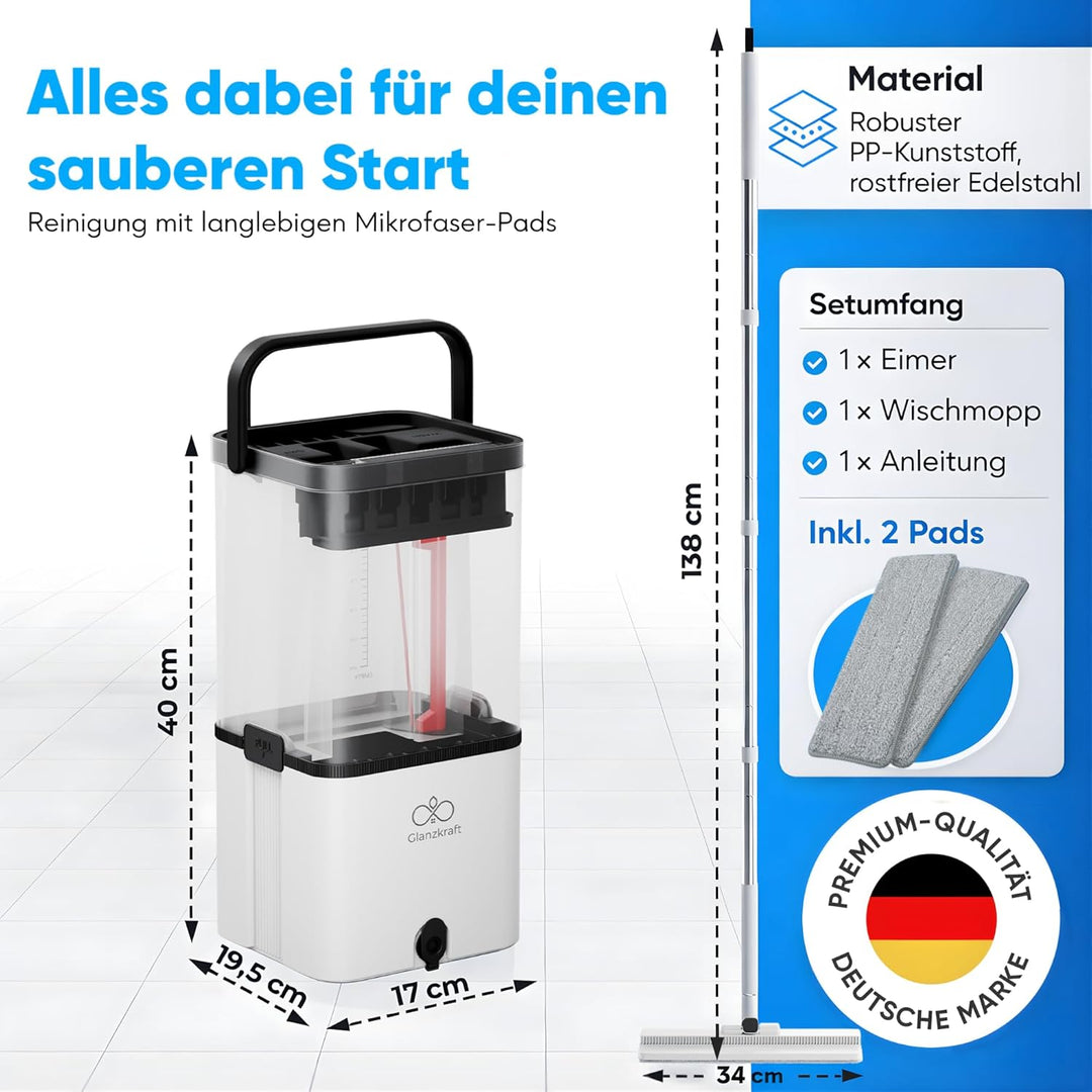 Wischmopp Set mit Eimer – Bodenwischer / Nasswischer mit 2-Kammer-System – Wischmopp & Mop Set mit P