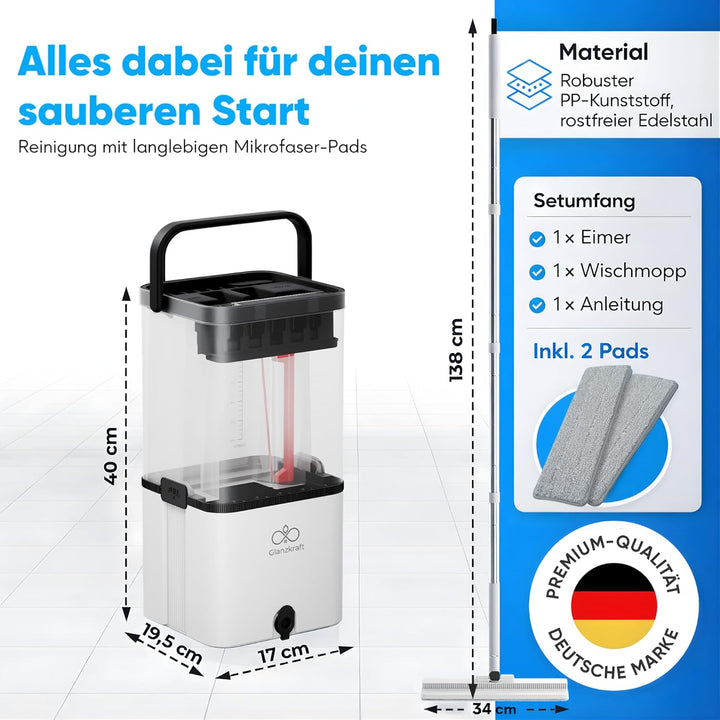Wischmopp Set mit Eimer – Bodenwischer / Nasswischer mit 2-Kammer-System – Wischmopp & Mop Set mit P