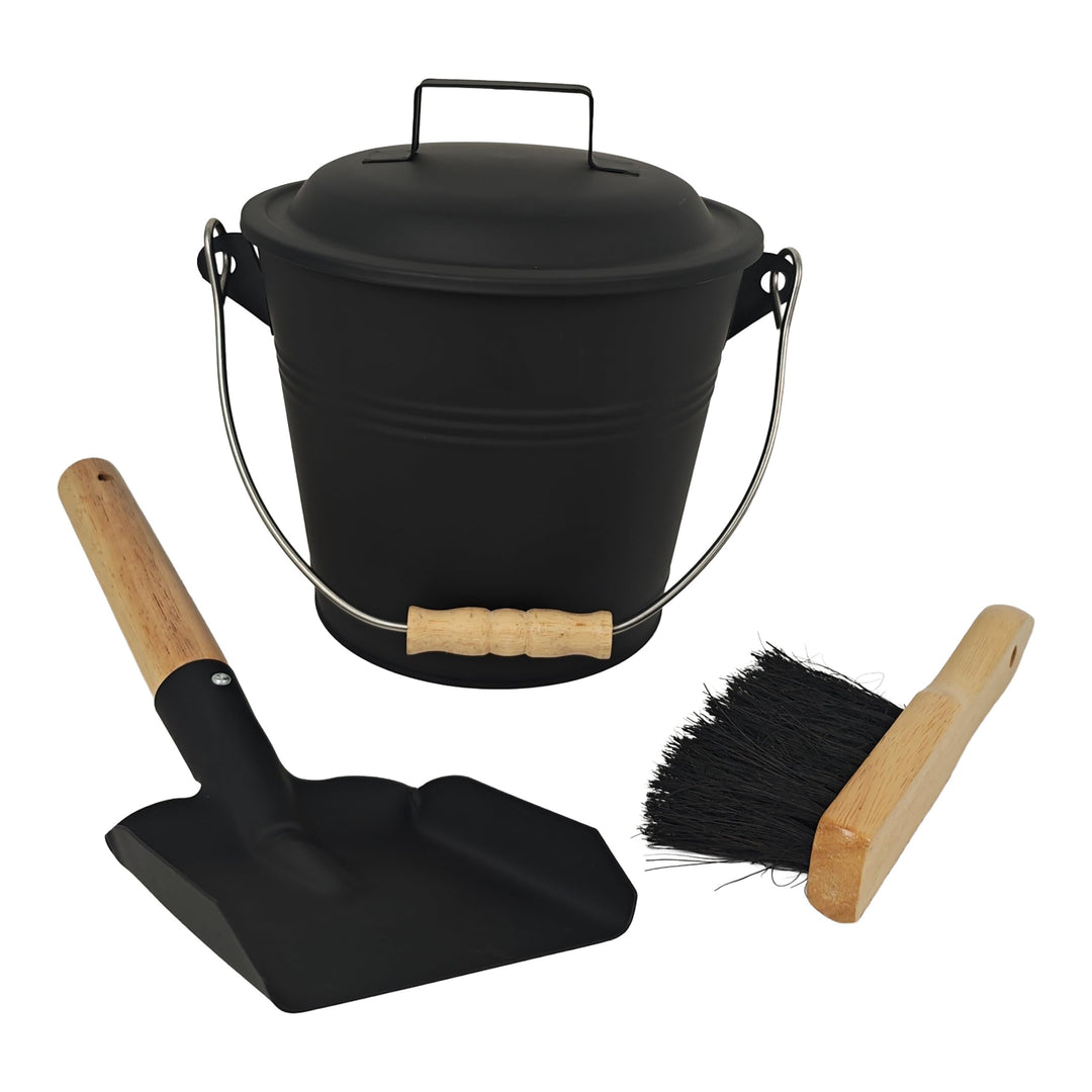 Relaxdays Ascheeimer mit Deckel, 4,5 Liter, inkl. Aschebesen & Kaminschaufel, Aschebehälter mit Henk