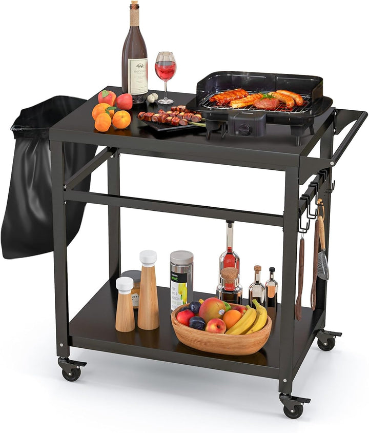 COSTWAY Grillwagen Grilltisch Outdoor, Pizzatisch mit 2 Ablagen & 4 Rollen & Haken, Grill Beistellti