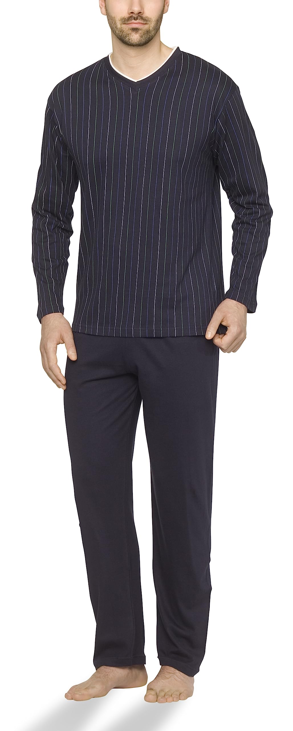 Herren Schlafanzug lang aus 100% Baumwolle mit V-Ausschnitt und Streifen-Design, Streifen-druck auf