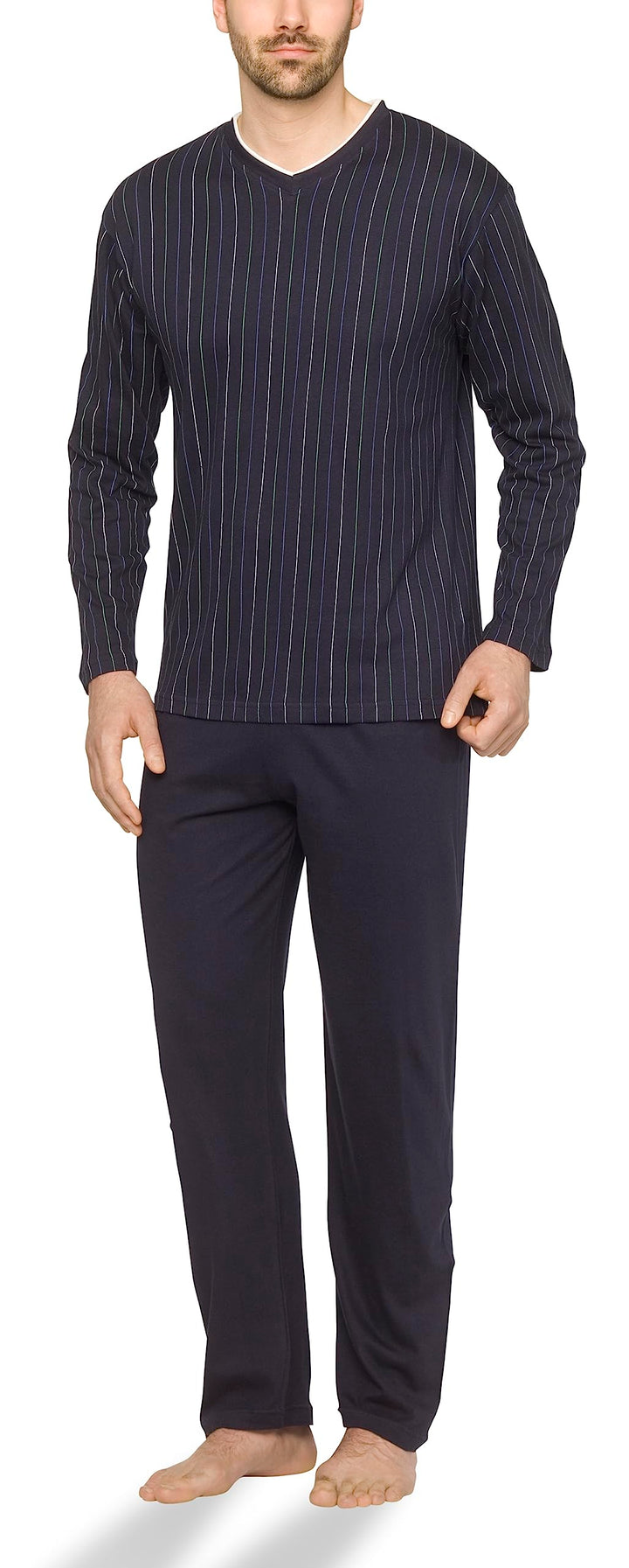 Herren Schlafanzug lang aus 100% Baumwolle mit V-Ausschnitt und Streifen-Design, Streifen-druck auf