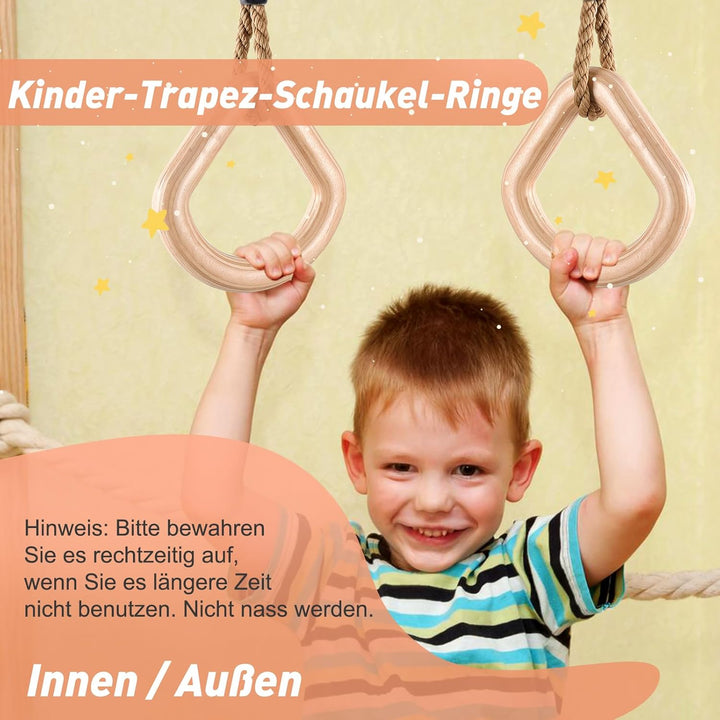 Holz Turnringe,Trapez schaukel,Schaukelringe mit Einstellbarer Hanfseil,Gymnastikringe für Kinder In