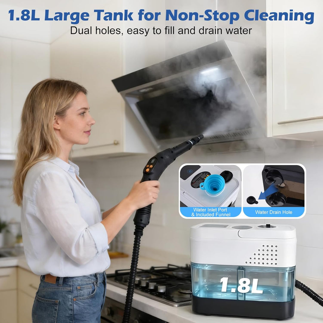 2500W Handdampfreiniger,6 Bürsten,1.8L Tank, 3 bar tragbare Dampfreiniger, mit 3 einstellbaren Gesch