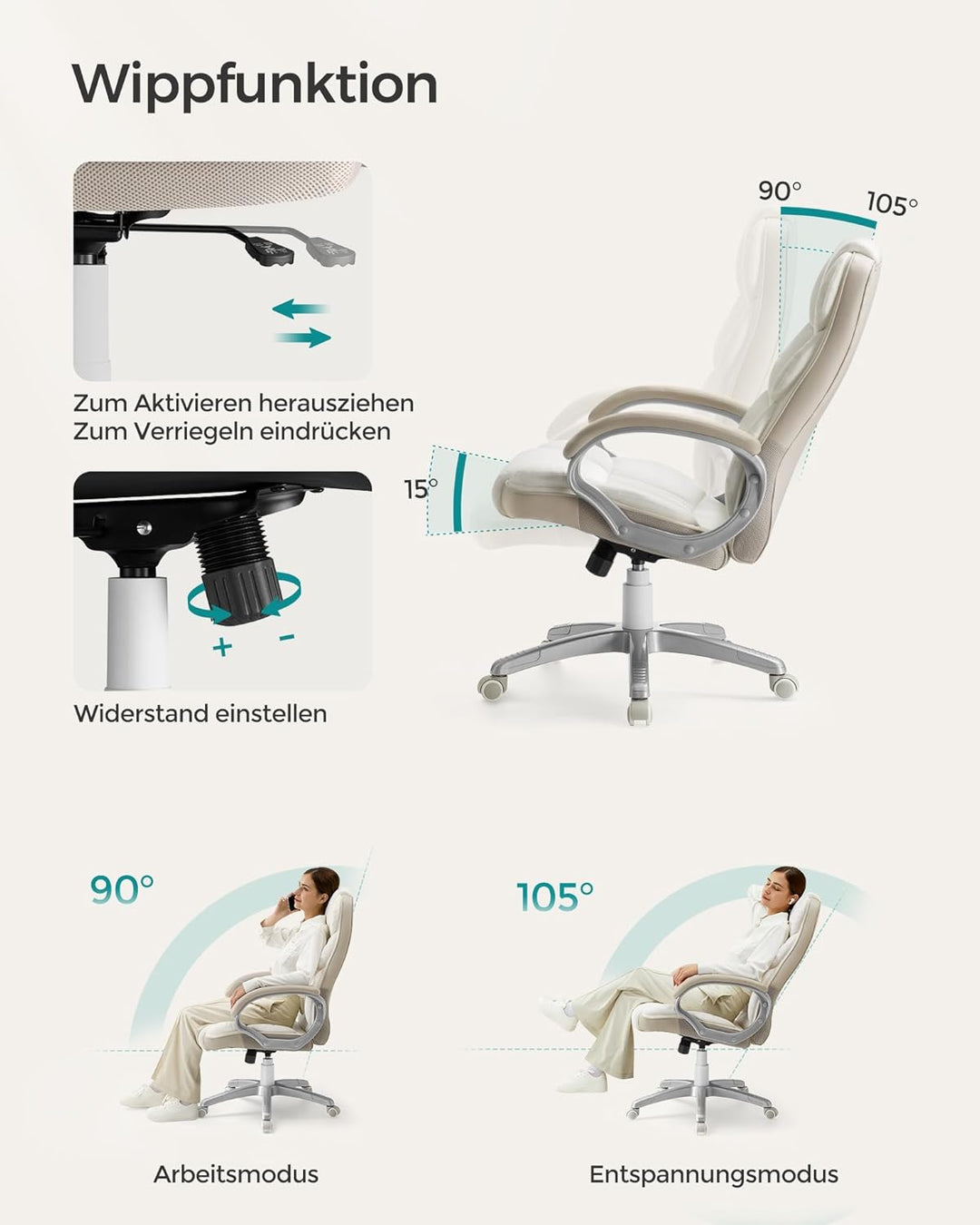 SONGMICS Office Chair, 6766(114-124) cm ‎cremeweiss 53 x 51 x (112-122) cm, ‎cremeweiss 53 x 51 x (1