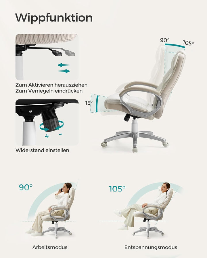 SONGMICS Office Chair, 6766(114-124) cm ‎cremeweiss 53 x 51 x (112-122) cm, ‎cremeweiss 53 x 51 x (1