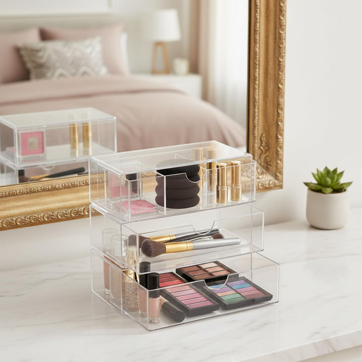 3 Stück Acryl Schmink Organizer Schminktisch Make up Organizer Kosmetik Makeup Organizers Schubladen