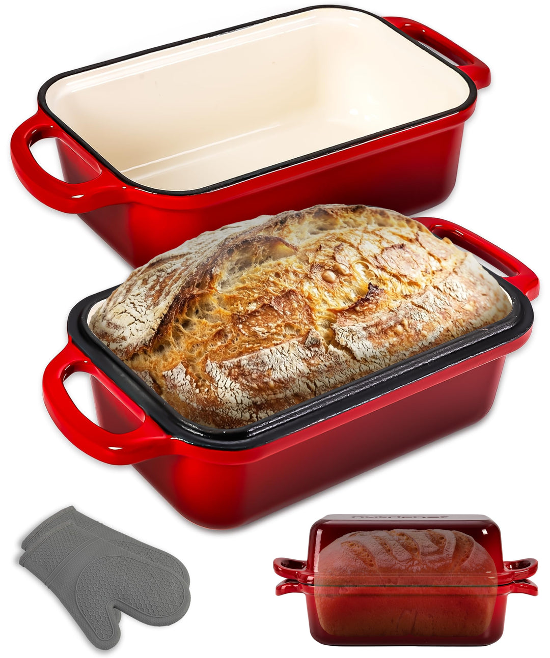 NutriChef Gusseisen Topf - Brotbackform mit Deckel - 22,9 cm Kastenform für Sauerteigbrot, emaillier
