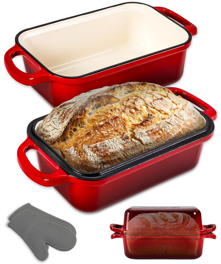 NutriChef Gusseisen Topf - Brotbackform mit Deckel - 22,9 cm Kastenform für Sauerteigbrot, emaillier