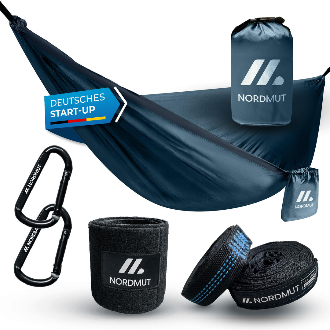 NORDMUT® Ultraleichte Hängematte Outdoor [mit Befestigungs-Set] Camping Hängematte inkl. Baumschutz-