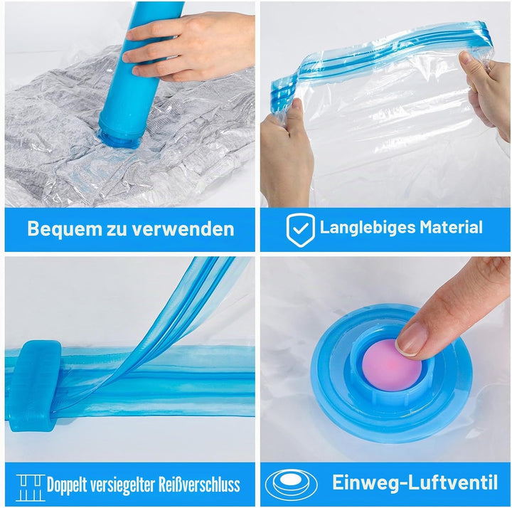 8er Set Vakuumbeutel für Bettdecken, 4 Jumbo 100x80cm + 4 Gross 80x60cm - 80% Platz Sparen, Vakuumbe