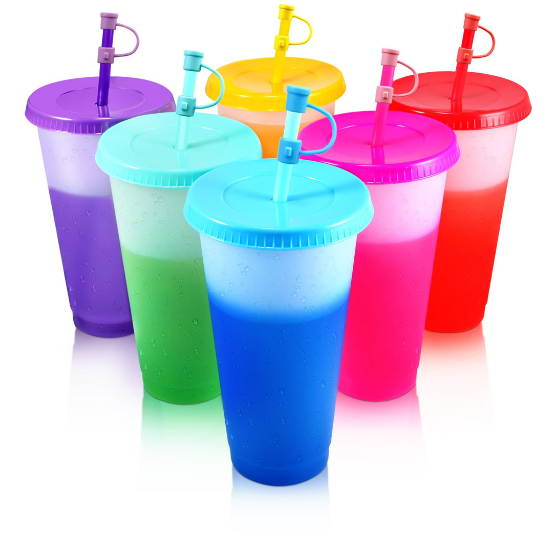 6 Stück Plastikbecher Trinkbecher Becher mit Deckel & Strohhalm Abdeckung - 710ml Mehrweg Tasse Farb