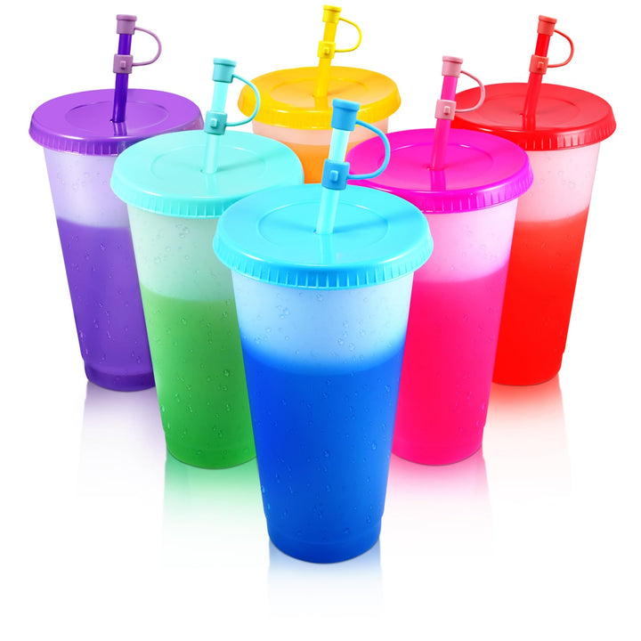 6 Stück Plastikbecher Trinkbecher Becher mit Deckel & Strohhalm Abdeckung - 710ml Mehrweg Tasse Farb
