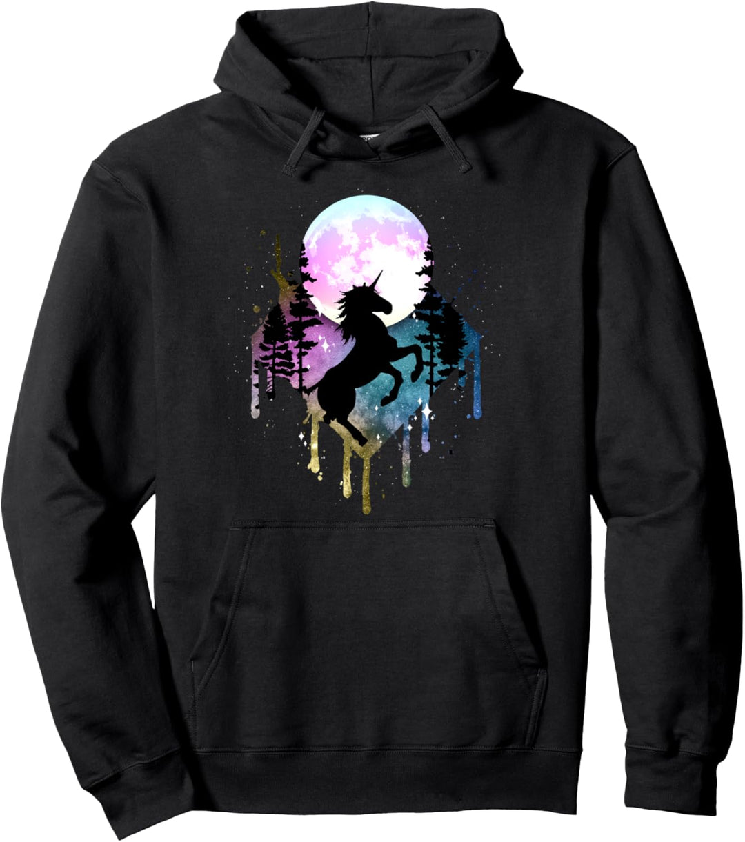 Einhorn Vollmond Galaxy Stern Nachthimmel Natur Aquarell Pullover Hoodie