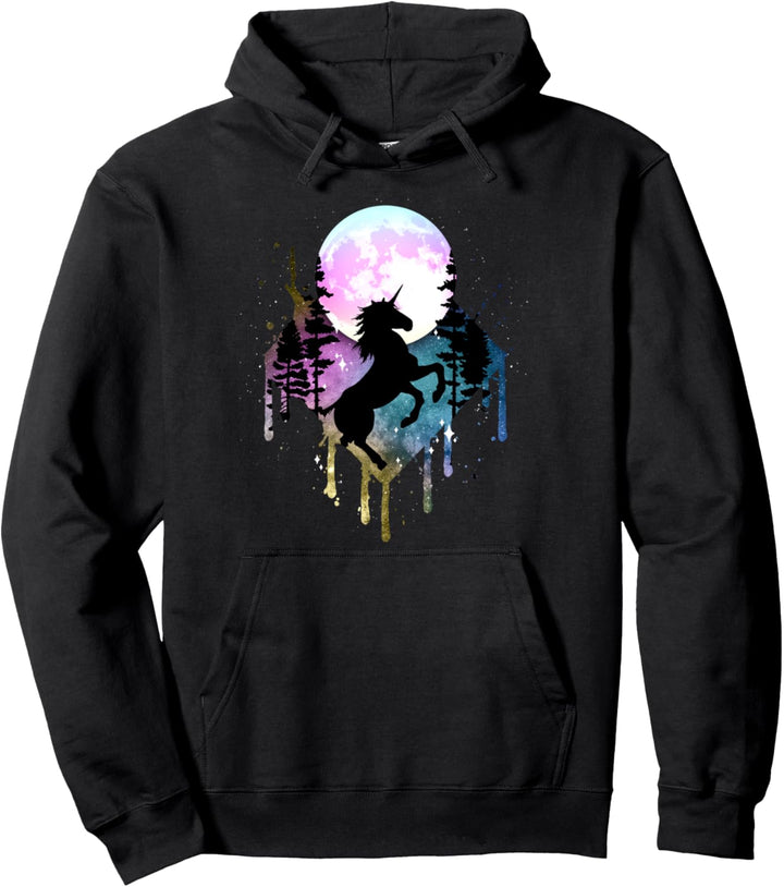 Einhorn Vollmond Galaxy Stern Nachthimmel Natur Aquarell Pullover Hoodie